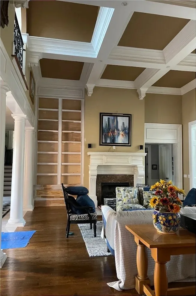 Built-in shelving and trim before interior painting in a Nashville home